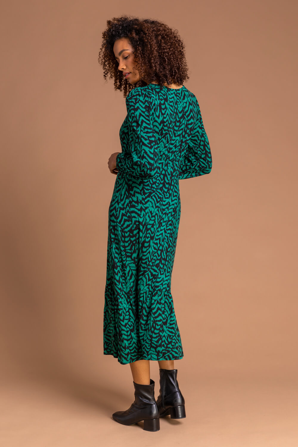 Green Animal Print Tiered Midi Dress, Image 3 of 5