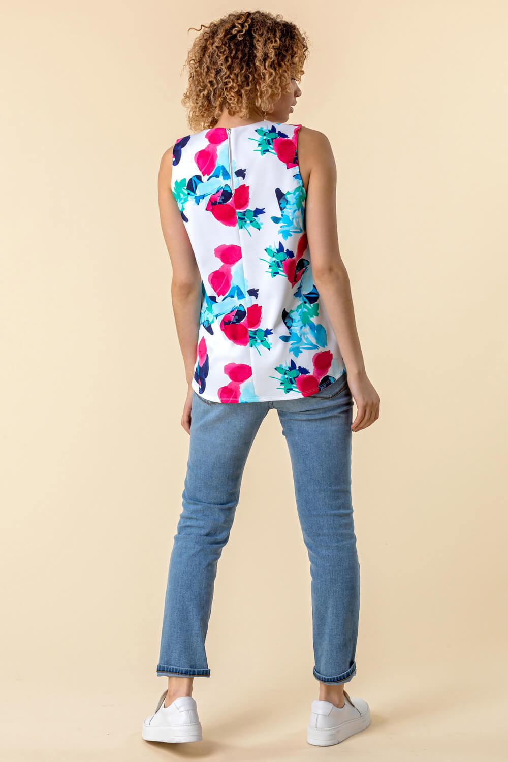 Ivory  Abstract Floral Print Notch Neck Top, Image 2 of 4