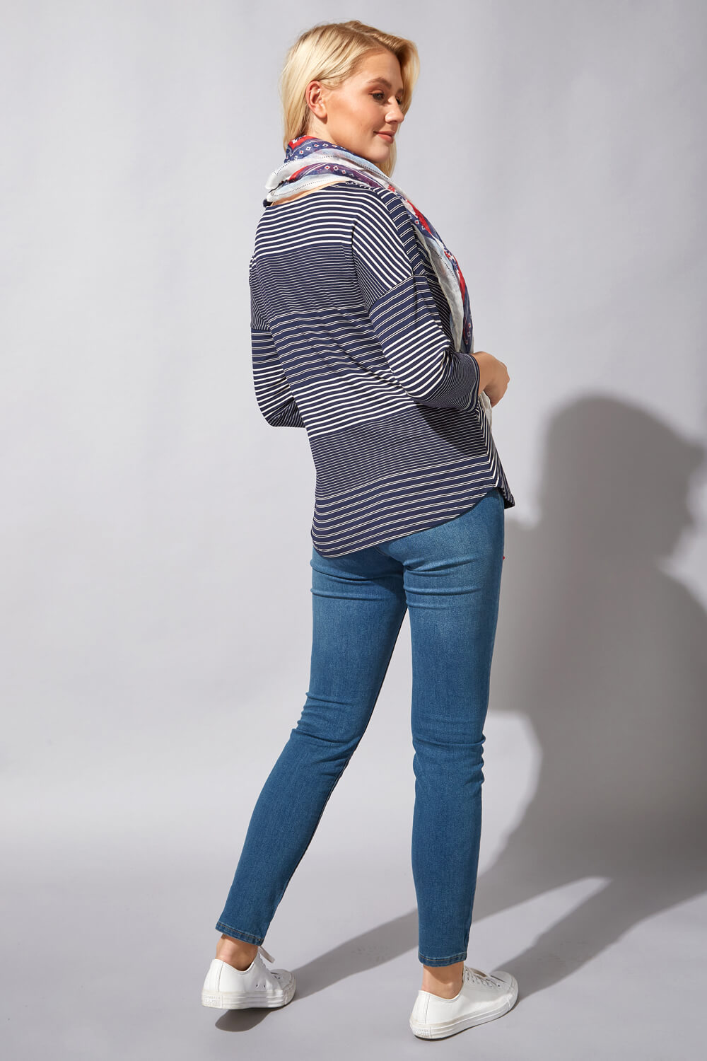 Navy  Stripe Print Top with Scarf, Image 3 of 4