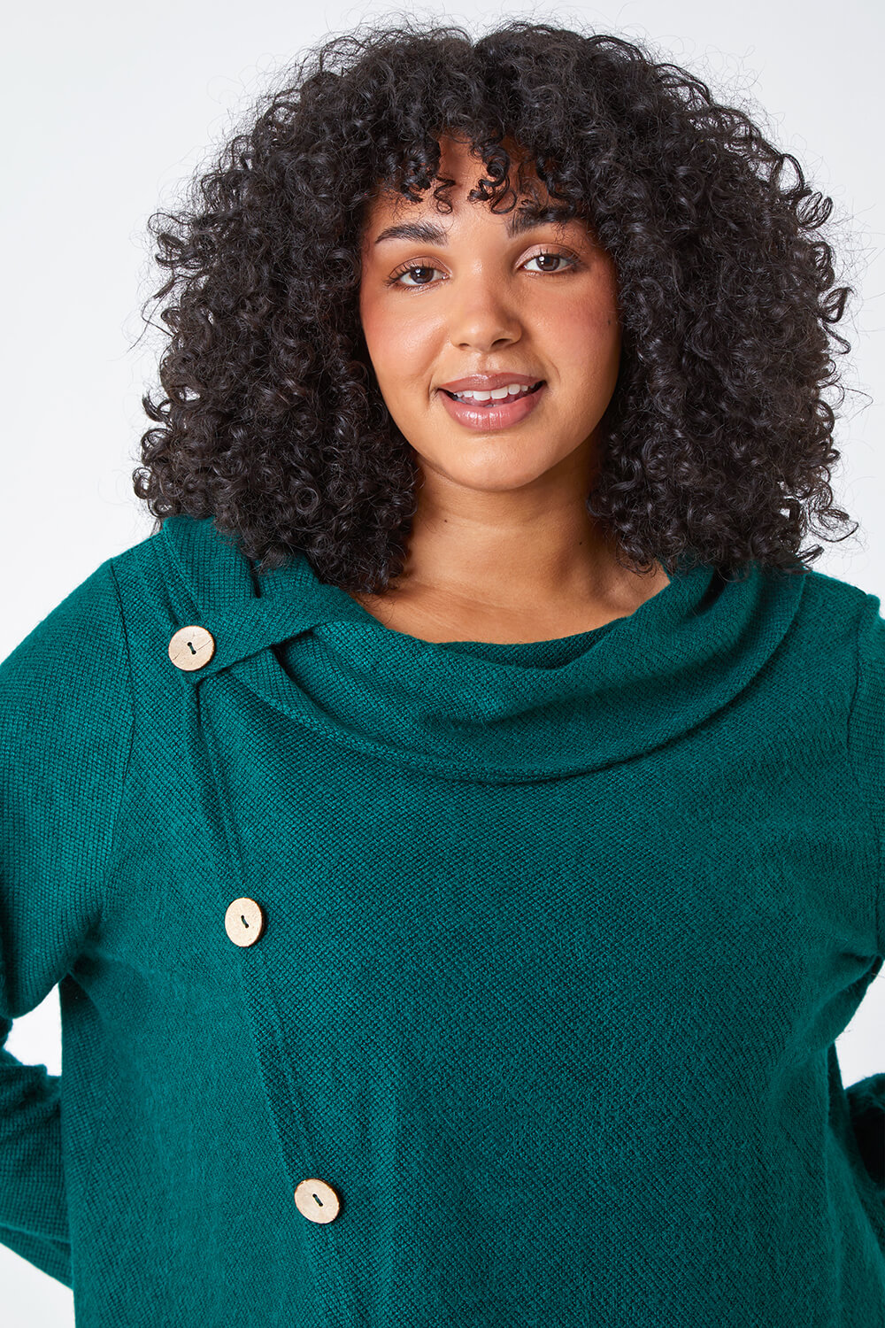 Green Curve Cowl Neck Button Wrap Top, Image 4 of 5