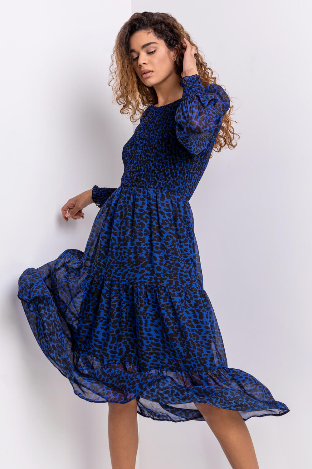Blue Animal Print Stretch Bodice Dress, Image 4 of 5
