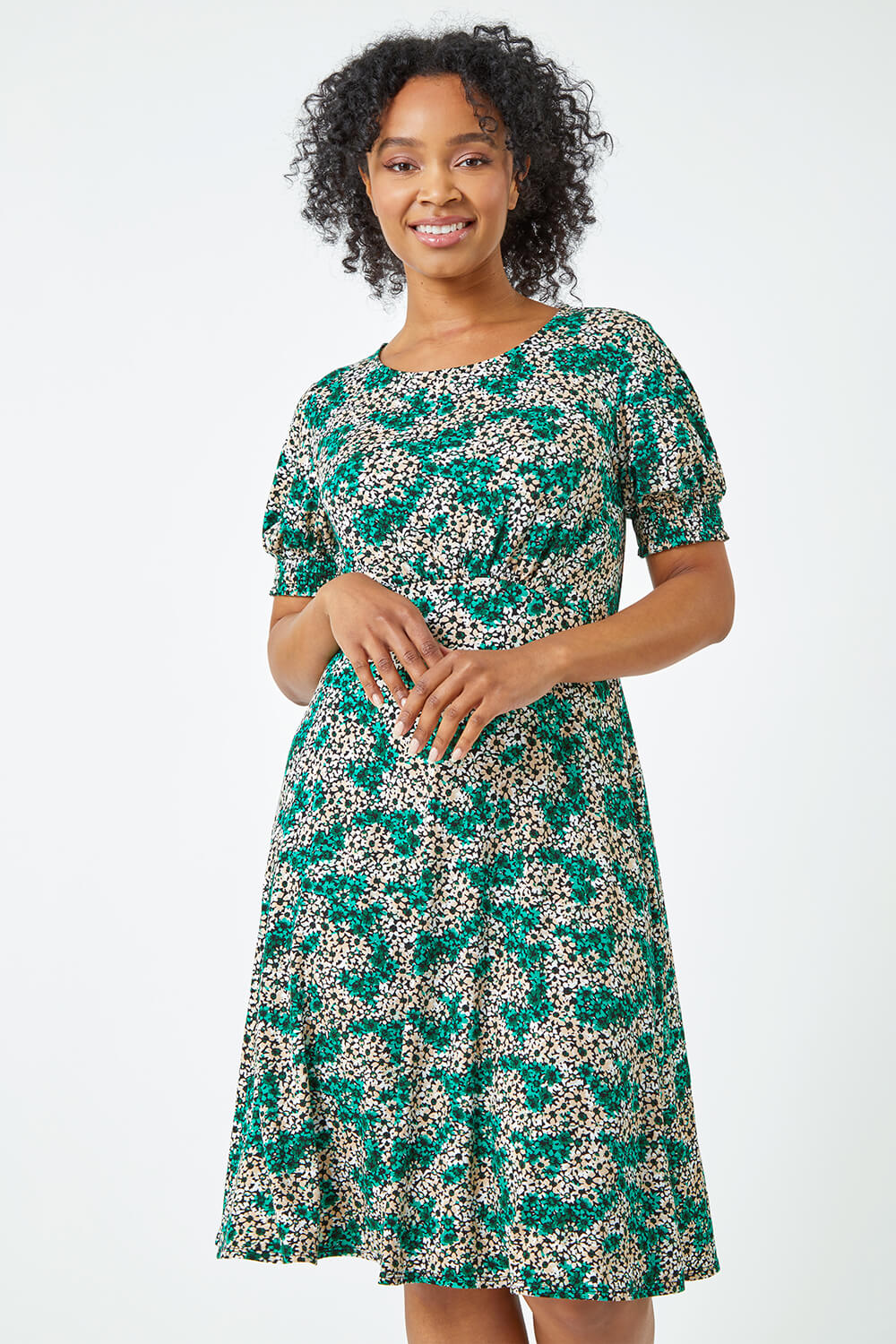 Green Petite Shirred Sleeve Floral Dress, Image 2 of 5