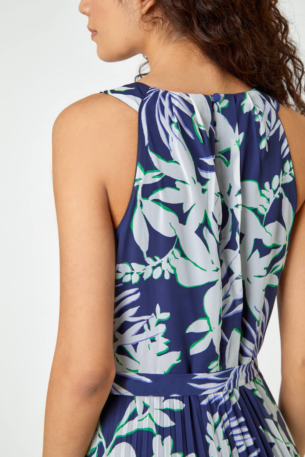 Navy Sleeveless Palm Print Pleated Maxi Dress | Roman UK