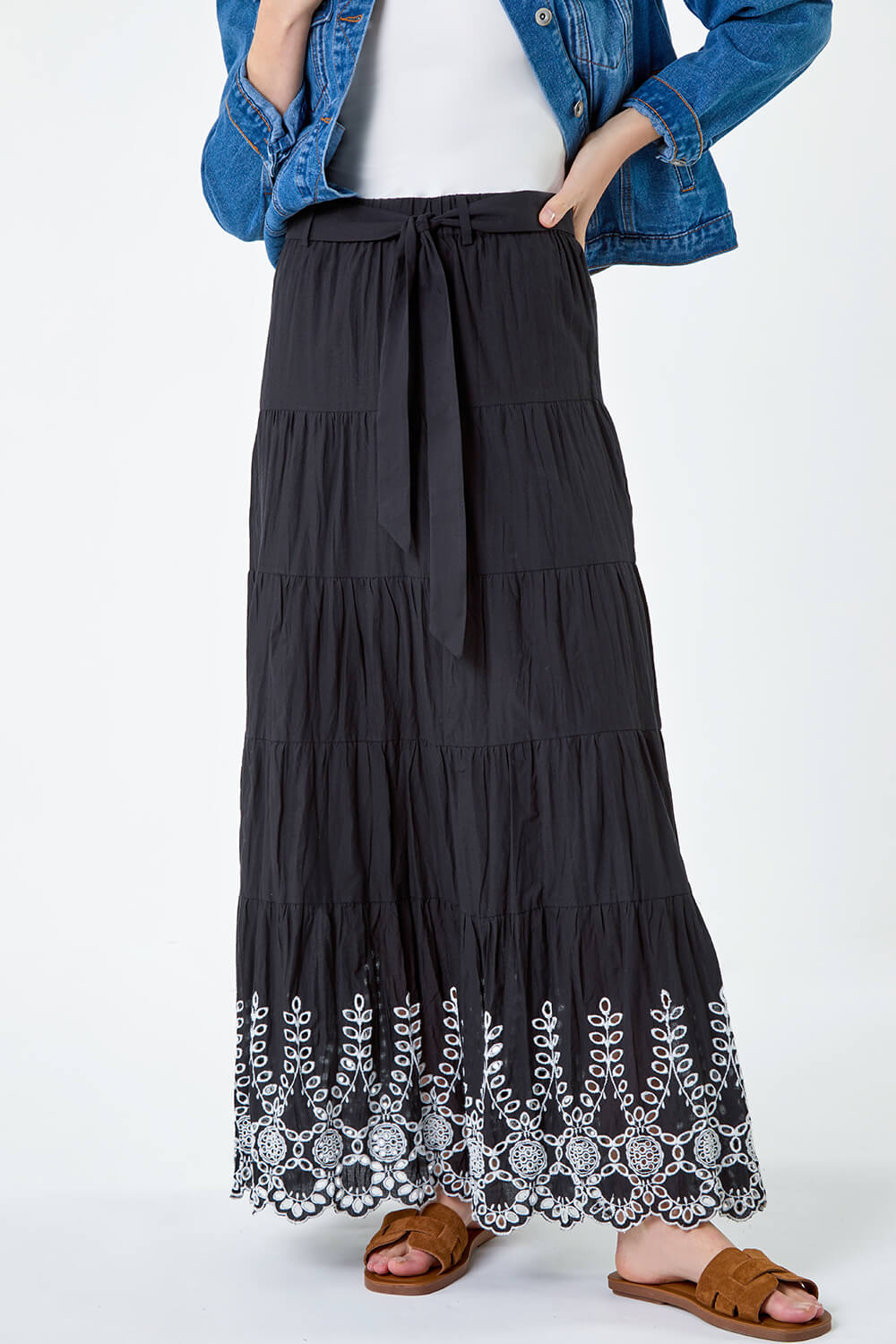 Black Cotton Broderie A line Tiered Maxi Skirt, Image 4 of 6