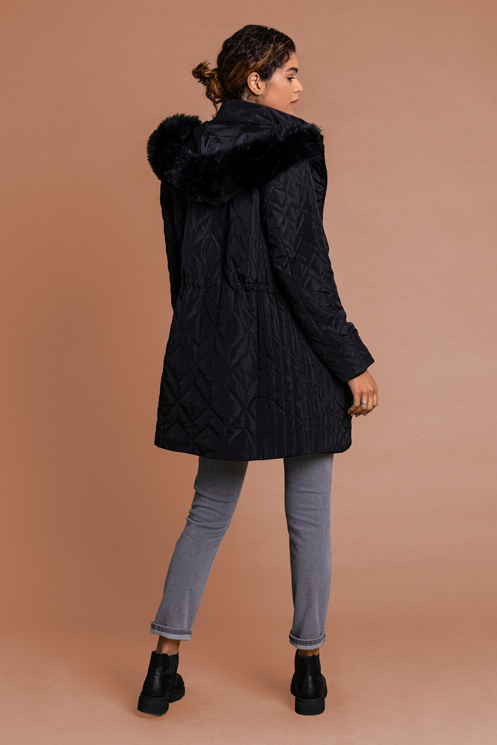 Black Faux Fur Trim Hooded Parka Coat, Image 2 of 5