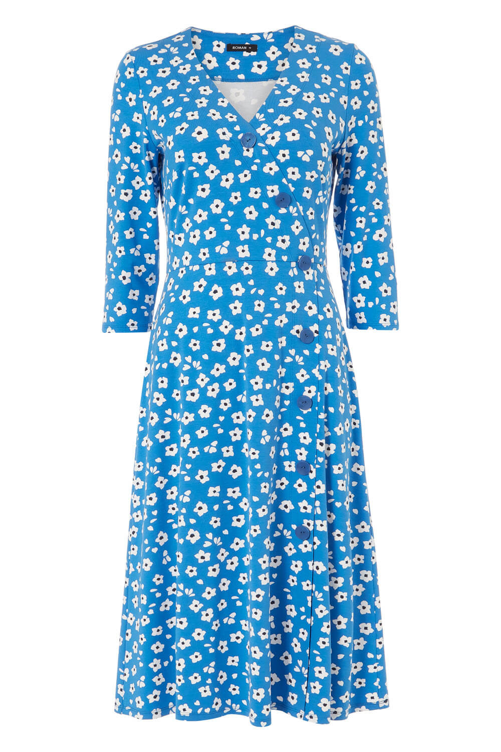 Floral Print Midi Length Tea Dress in Blue - Roman Originals UK