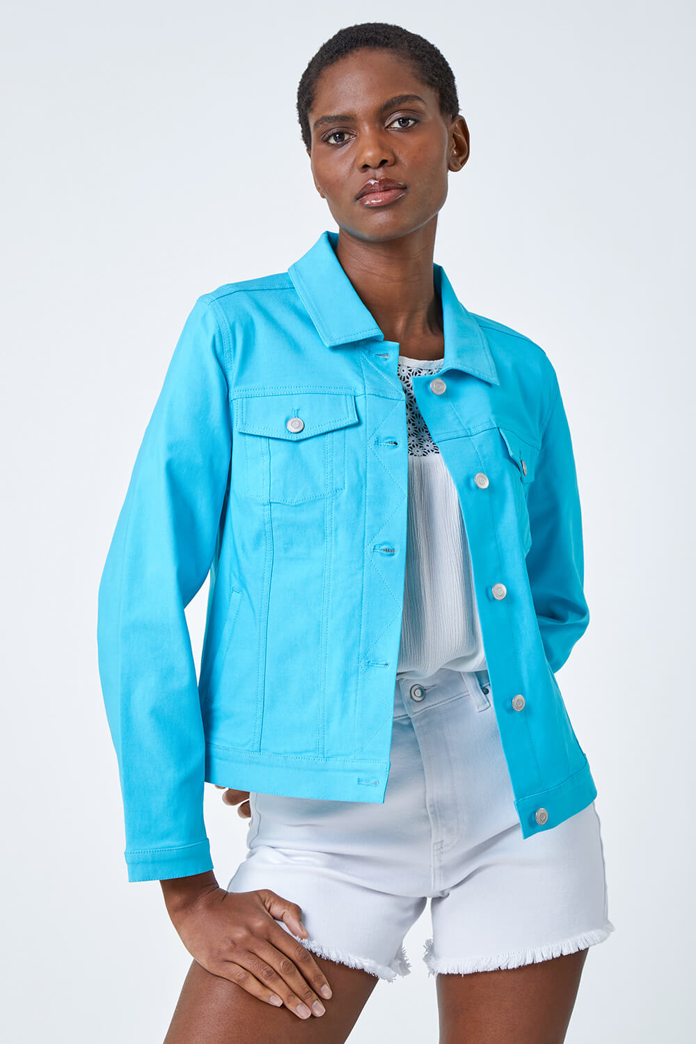 Turquoise Stretch Pocket Detail Jacket, Image 2 of 5