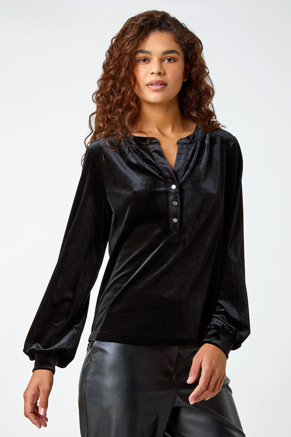 Black Velvet Button Front Stretch Shirt, Image 2 of 5