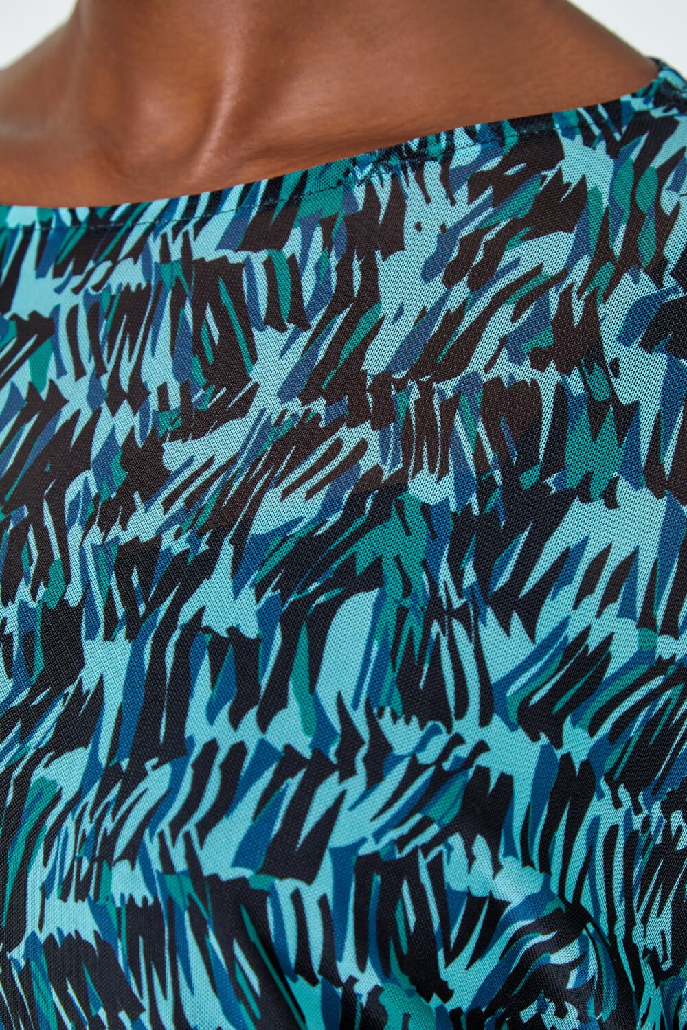 Blue Abstract Print Mesh Overlay Stretch Top, Image 4 of 5