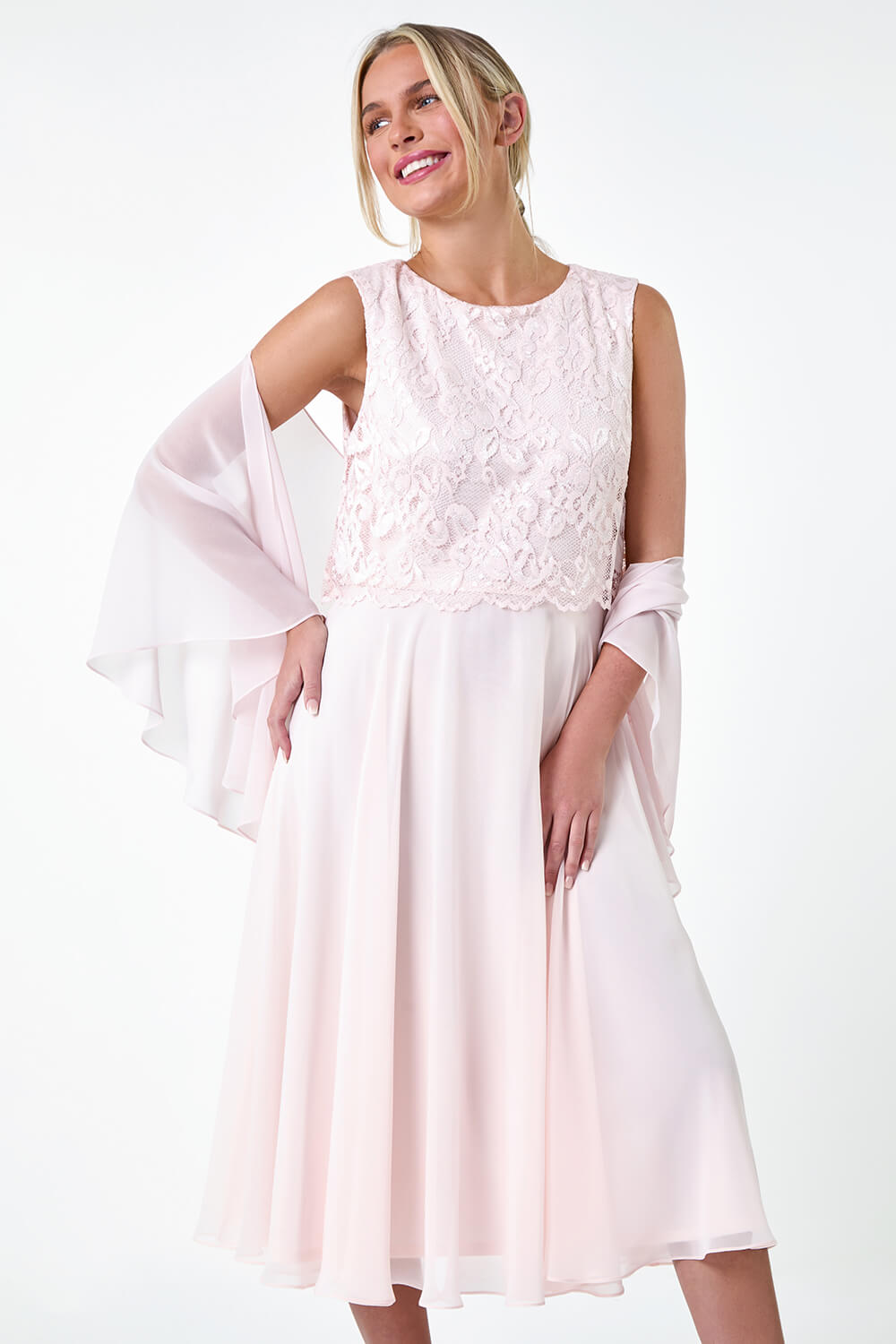 Light Pink Petite Chiffon Overlay Lace Midi Dress, Image 4 of 6