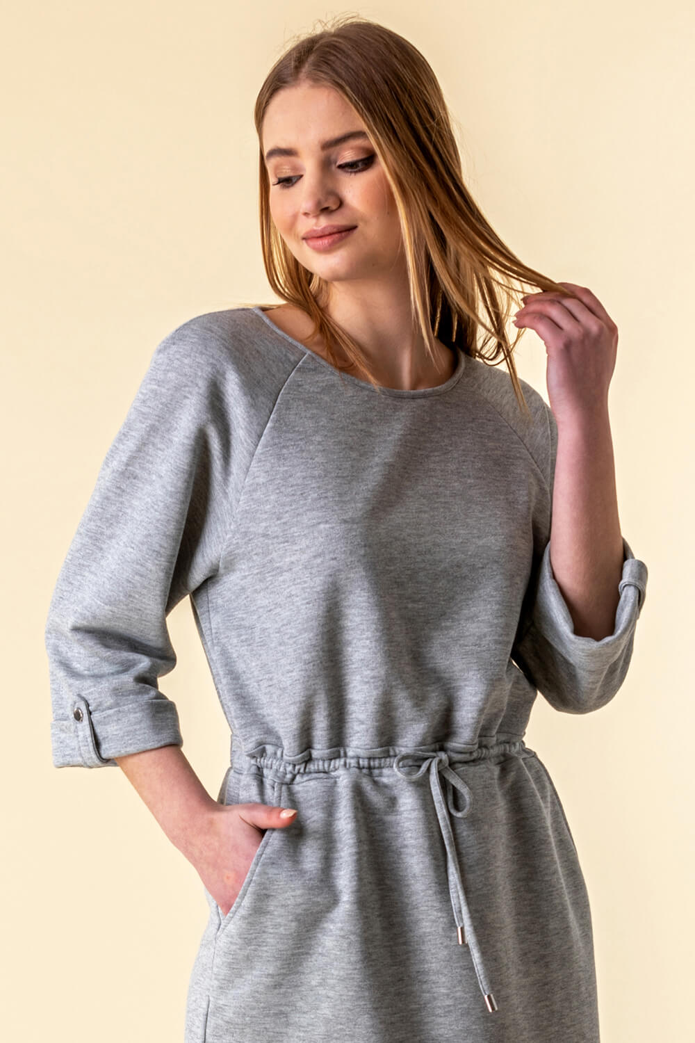 Light Grey Drawstring Jersey Sweater Dress, Image 4 of 4