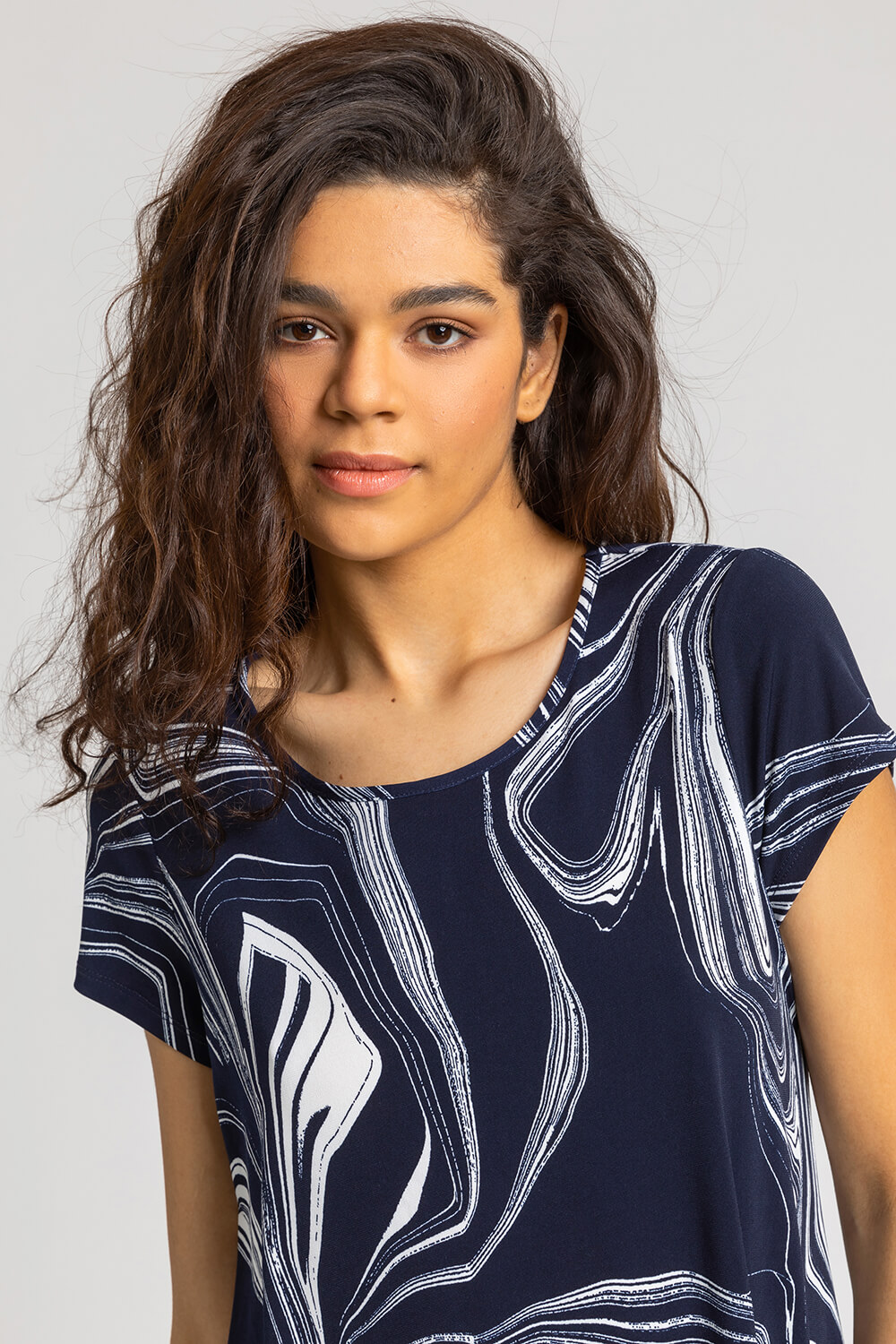 Navy  Abstract Linear Print Stretch Top, Image 4 of 4