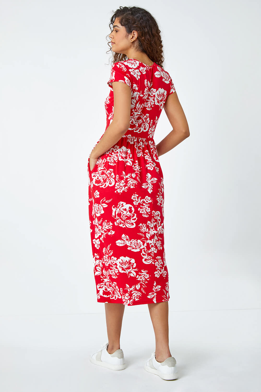 Red Floral Print Midi Stretch Dress, Image 3 of 5