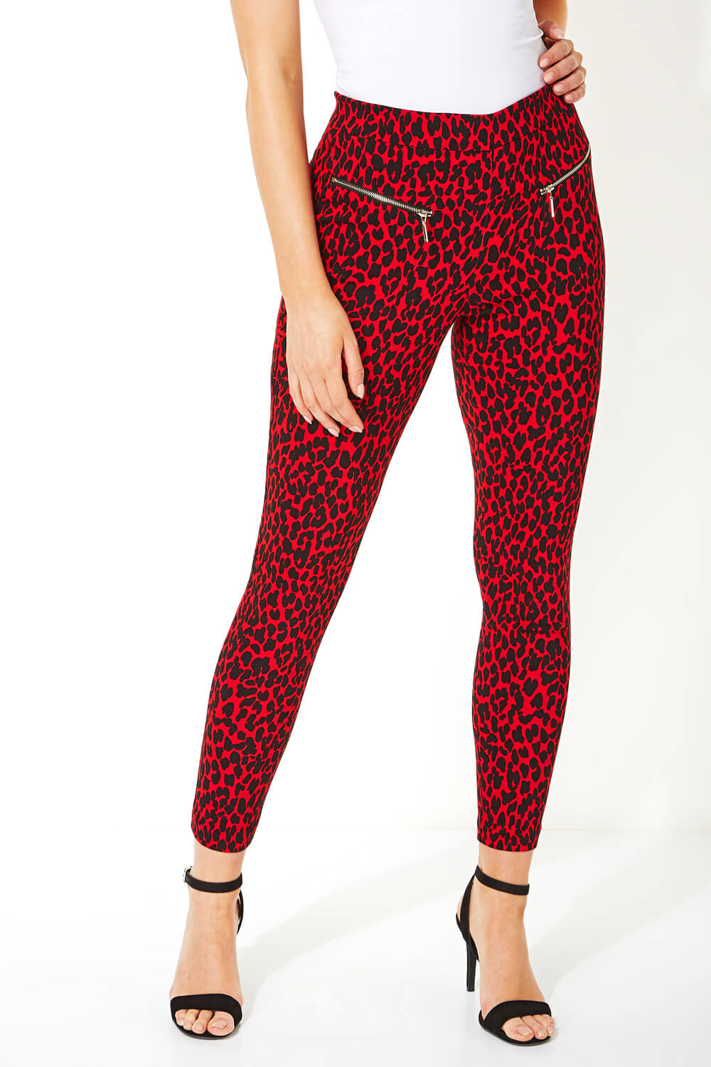 Red Animal Print Full Length Trousers , Image 2 of 5
