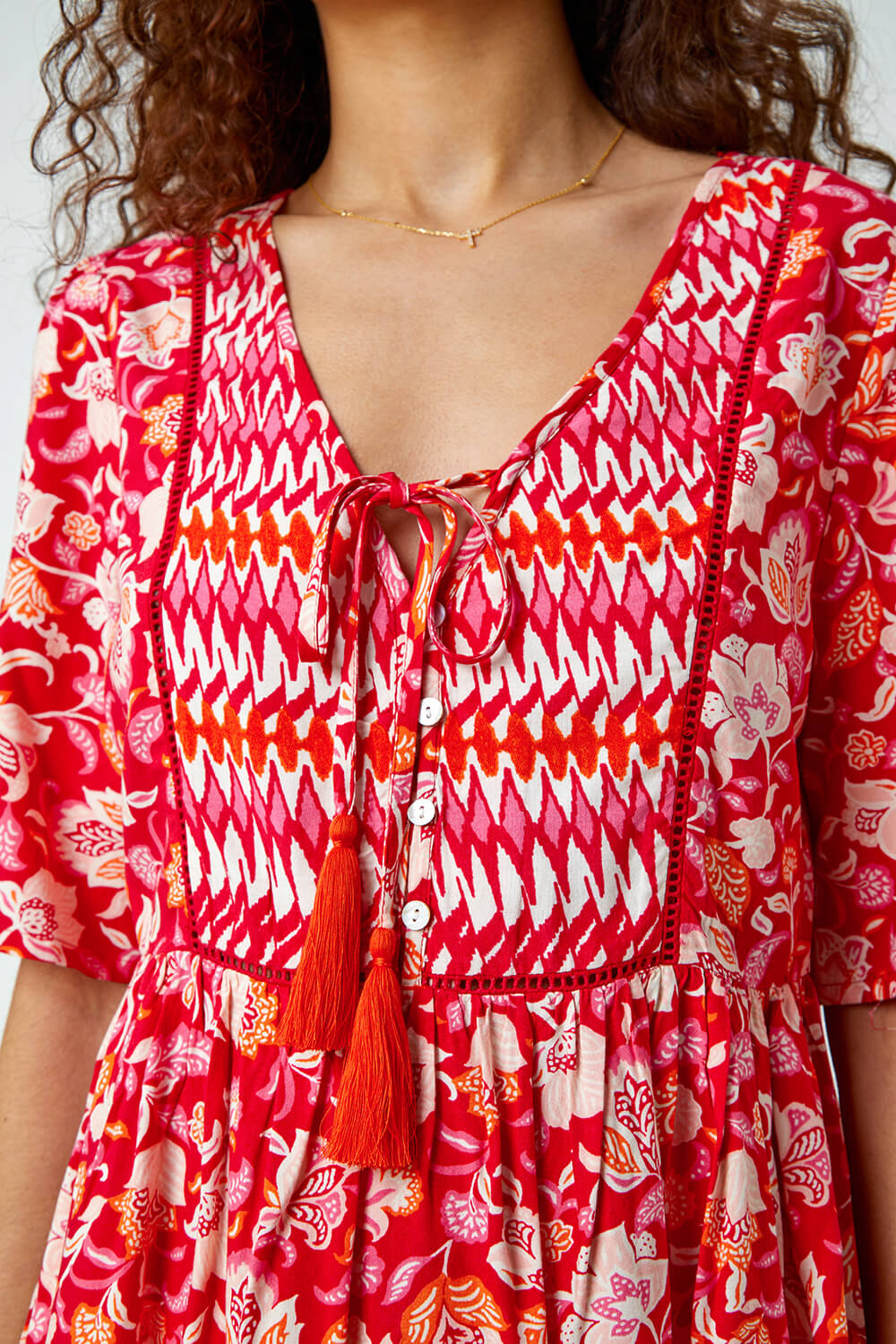 Red Floral Border Tie Smock Top, Image 5 of 5