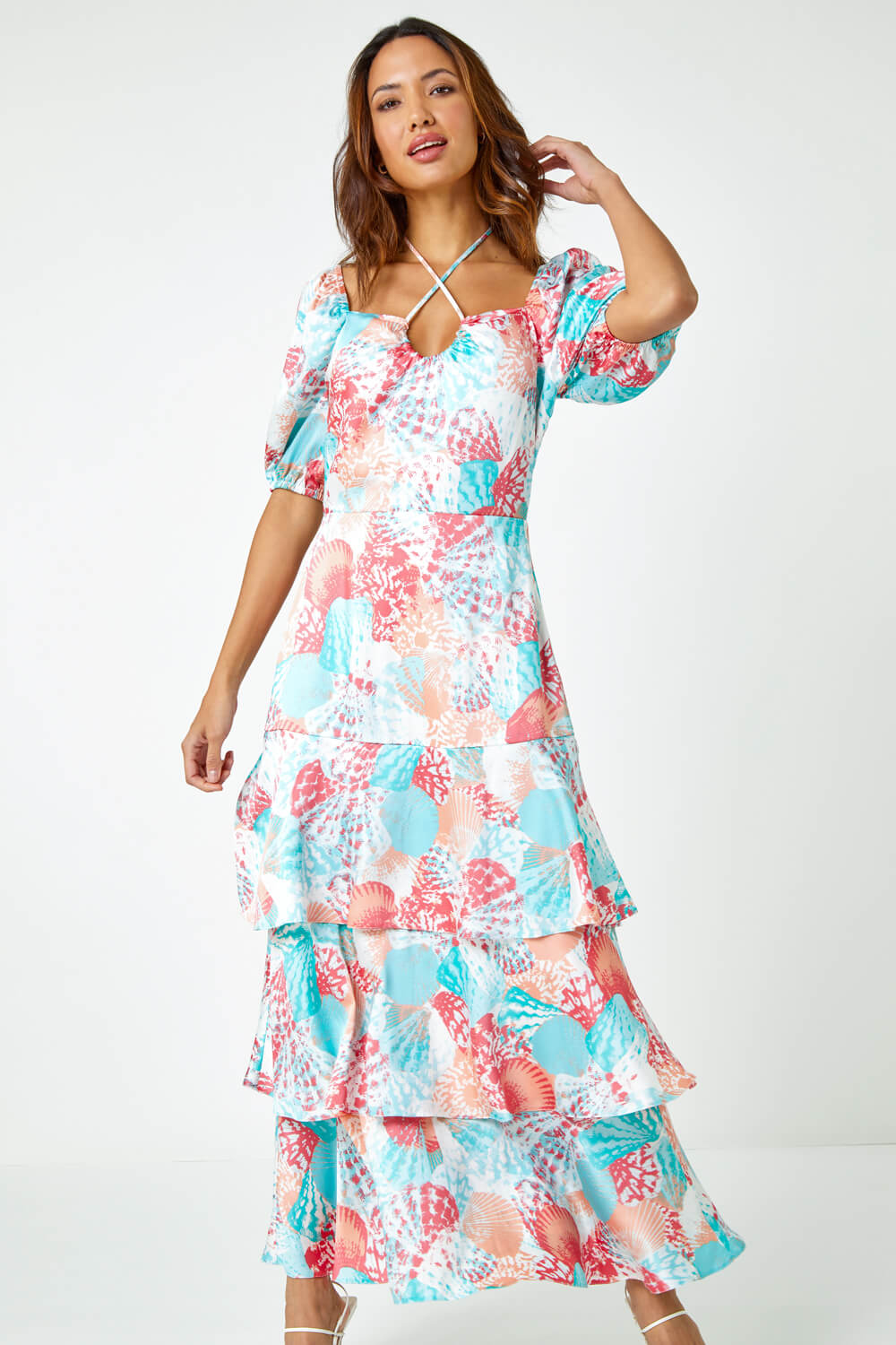Turquoise Puff Sleeve Tiered Maxi Dress, Image 2 of 5