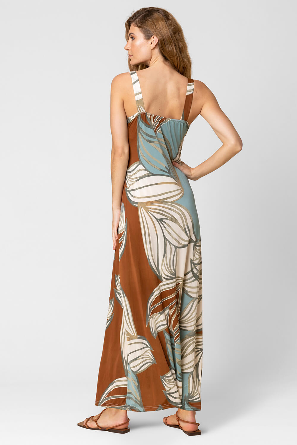 Blue Abstract Leaf Print V Neck Maxi Dress, Image 2 of 4