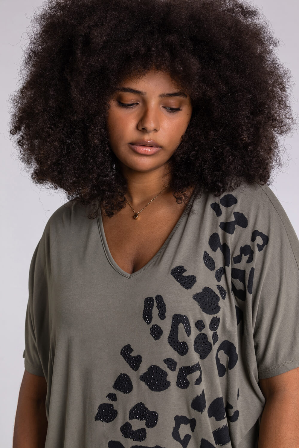 KHAKI Curve Embellished Animal Print T-Shirt, Image 4 of 4