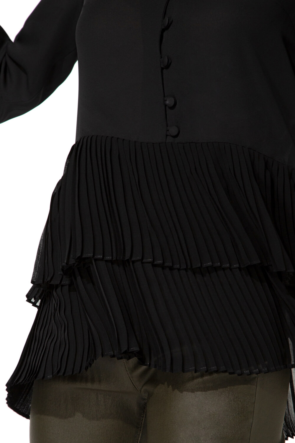 Black 3/4 Sleeve Pleated Button Front Top, Image 5 of 6