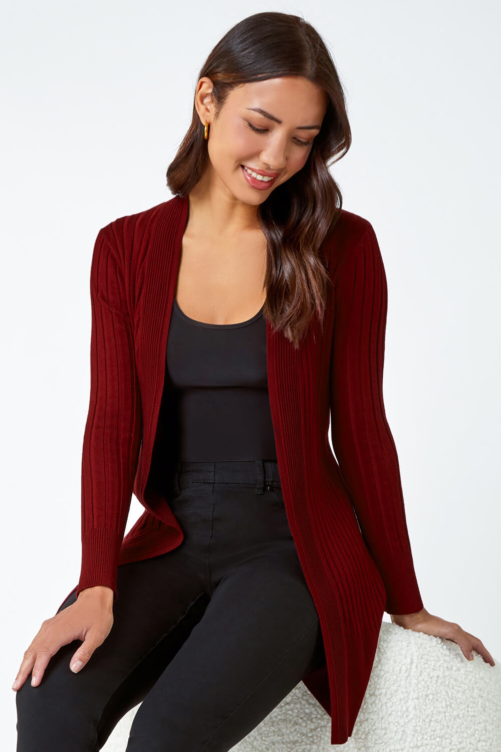 Rib Knit Button Through Longline Vest And Flared Trouse