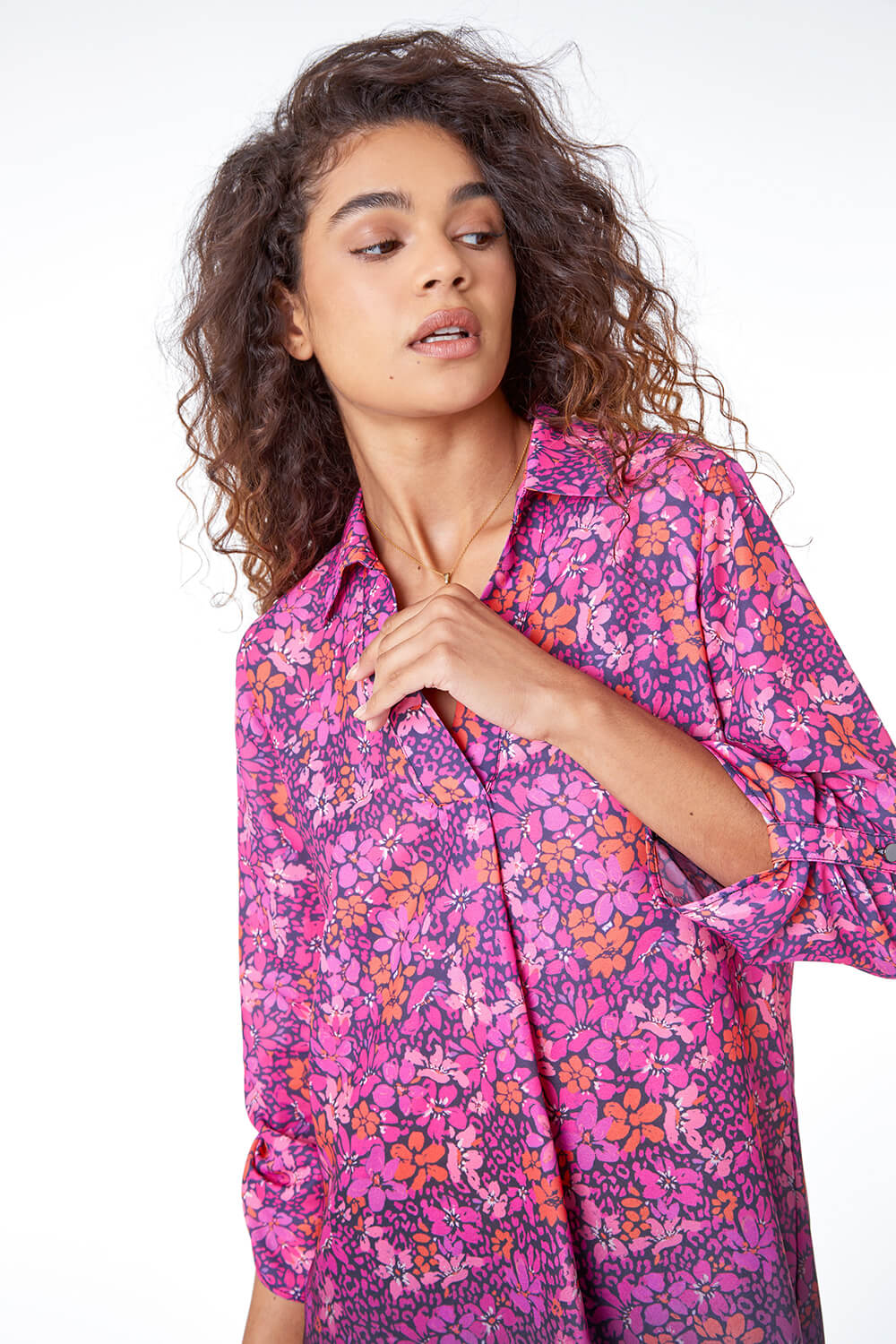 PINK Floral Print Ombre Collared Overshirt, Image 4 of 5