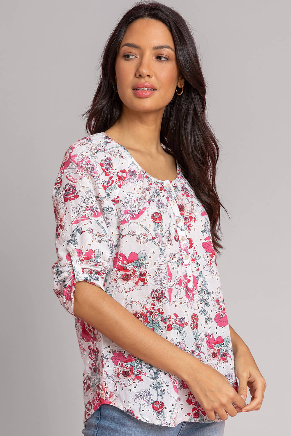 Broderie Floral Print Button Top