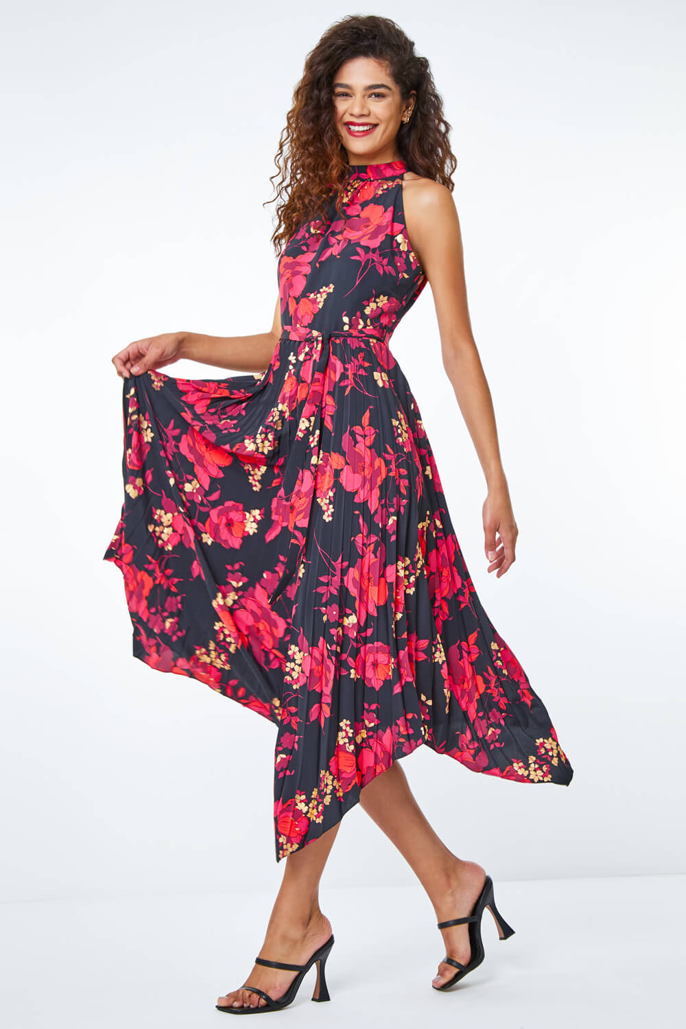 Red Floral Pleated Halter Neck Midi Dress , Image 2 of 5
