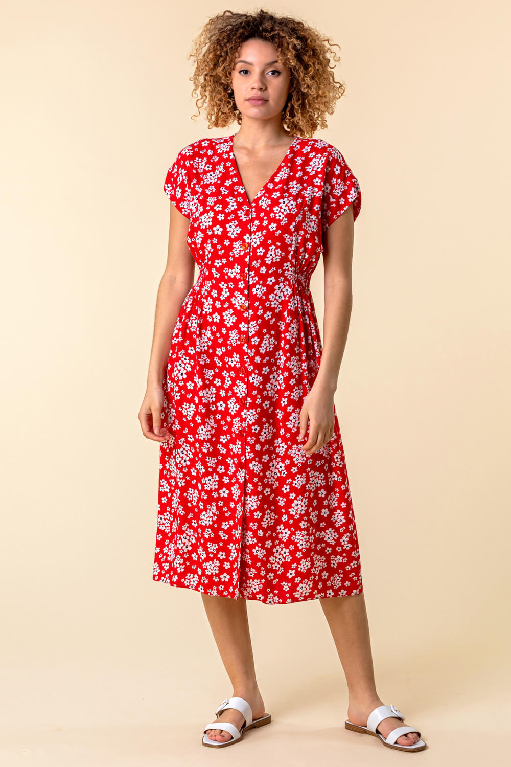 Red Floral Print Button Through Dress, Image 3 of 5