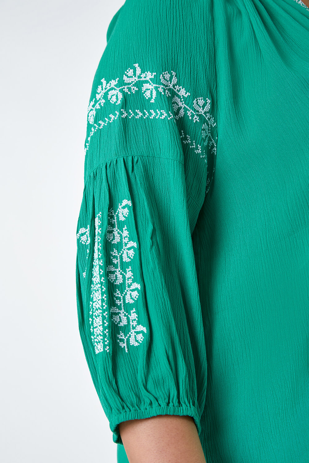 Turquoise Curve Tie Neck Embroidered Smock Top, Image 5 of 5
