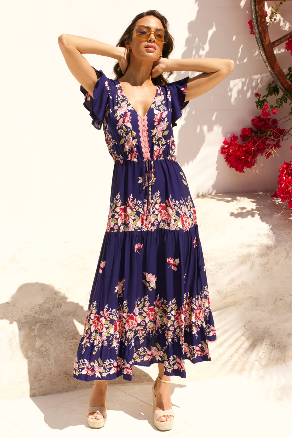 Navy  Floral Print Tiered Midi Dress, Image 2 of 6
