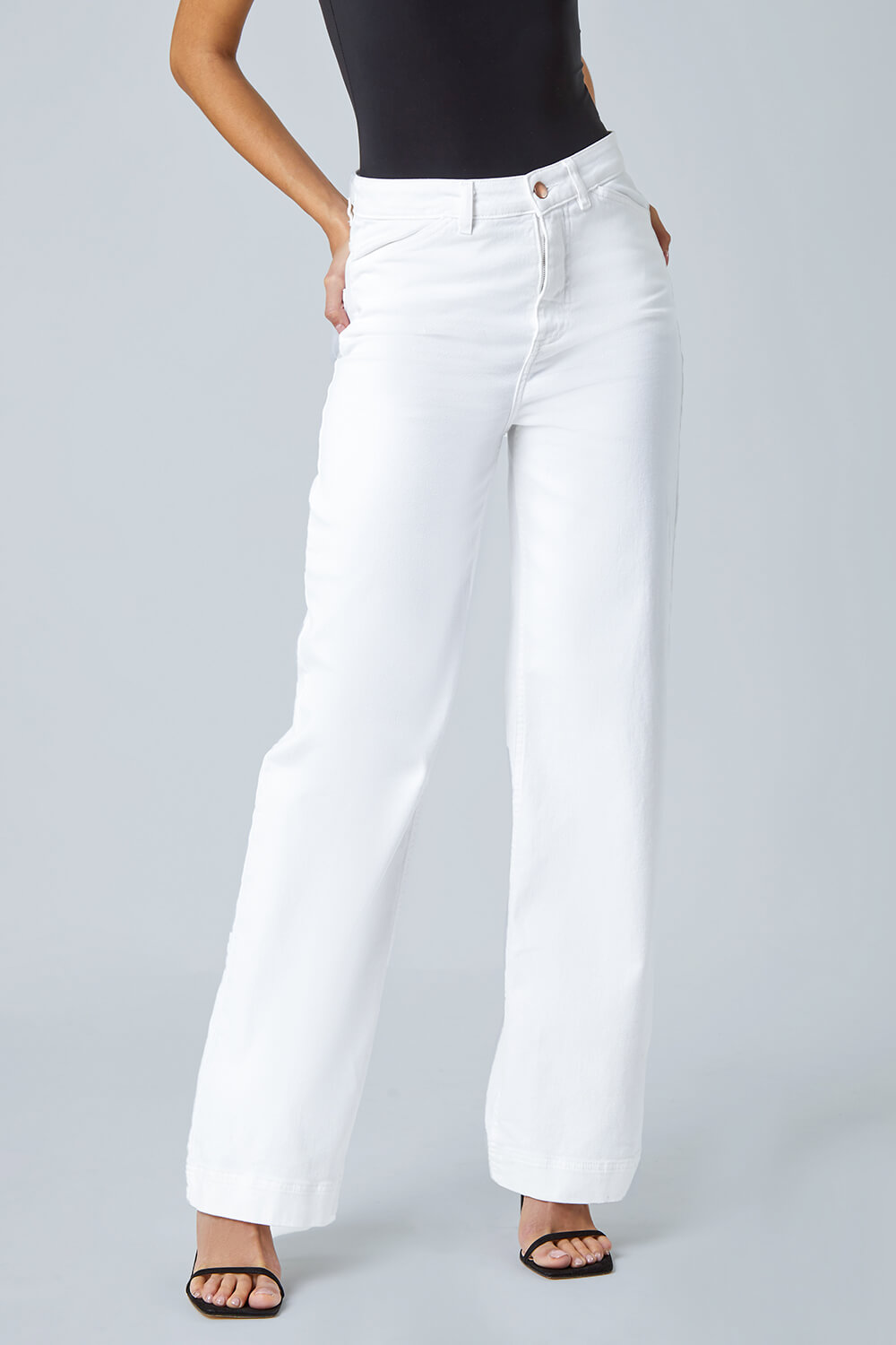 White Cotton Blend Wide Leg Stretch Jeans, Image 4 of 6