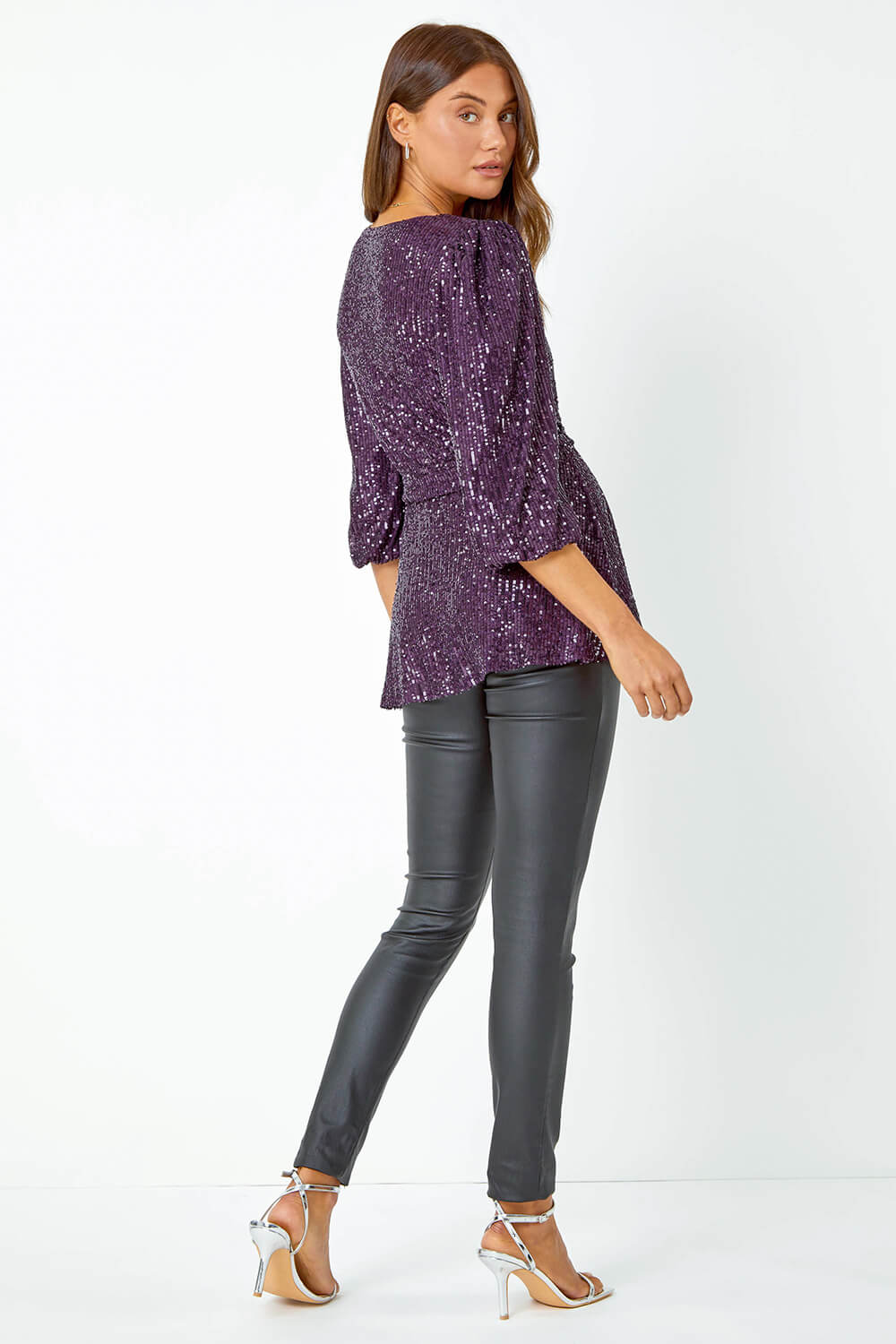 Purple Embellished Sequin Stretch Wrap Top, Image 3 of 5