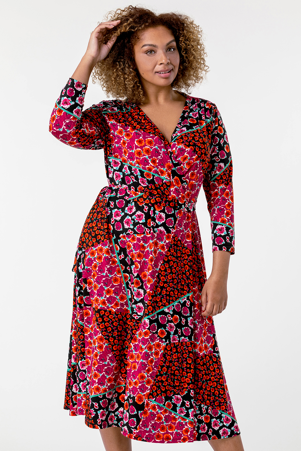Red Curve Patchwork Floral Print Wrap Dress, Image 3 of 5