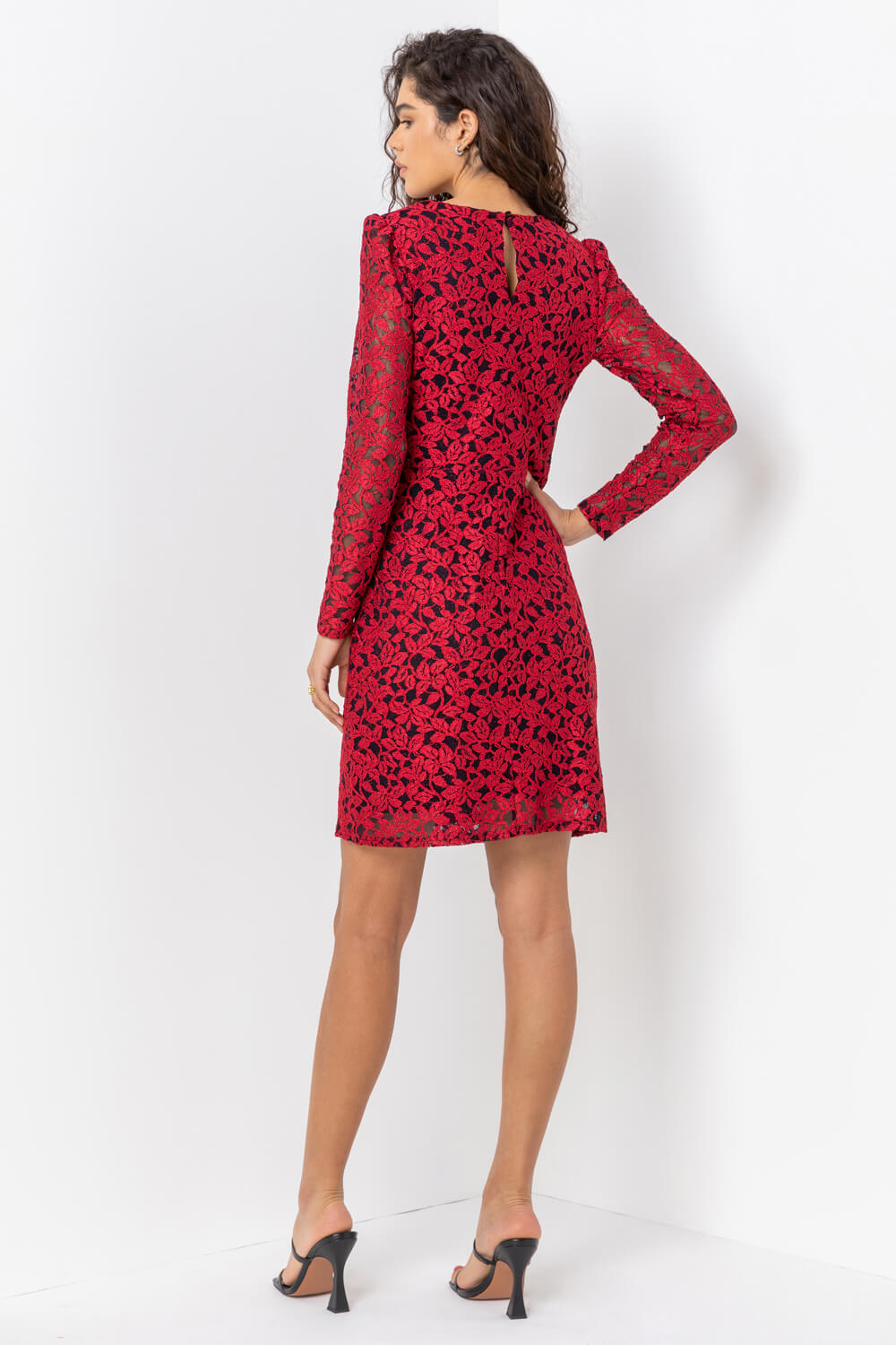 Red Ruched Detail Lace Wrap Dress, Image 2 of 4