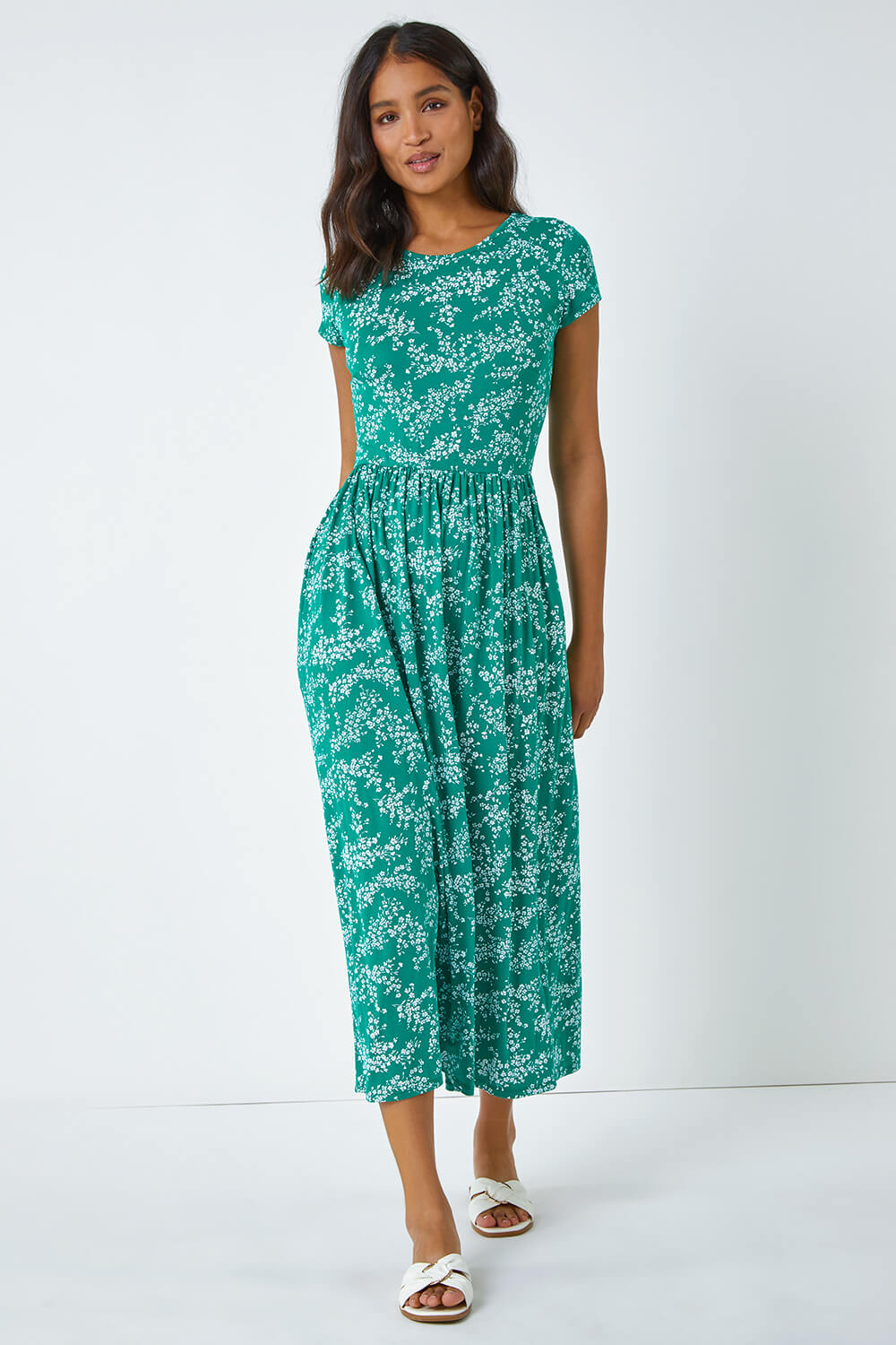 Ditsy Gathered Skirt Stretch Midi Dress in Green - Roman Originals UK