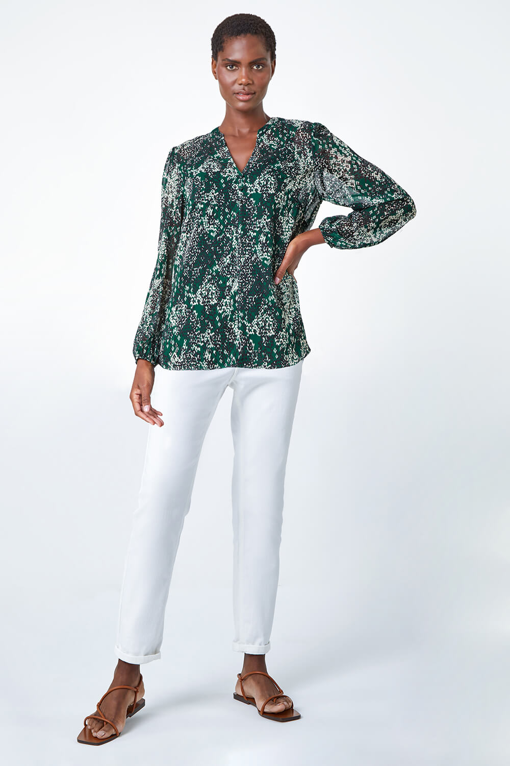 Green Animal Print Button Front Blouse, Image 2 of 5