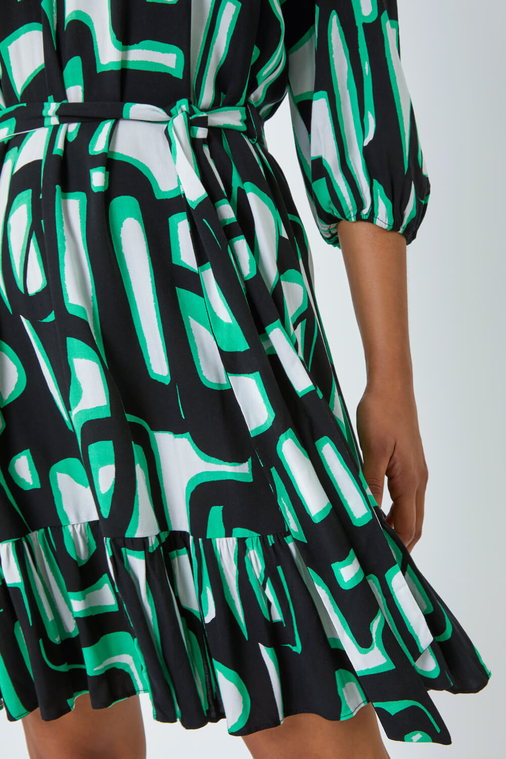 Green Belted Frill Hem Geometric Print Dress, Image 5 of 5