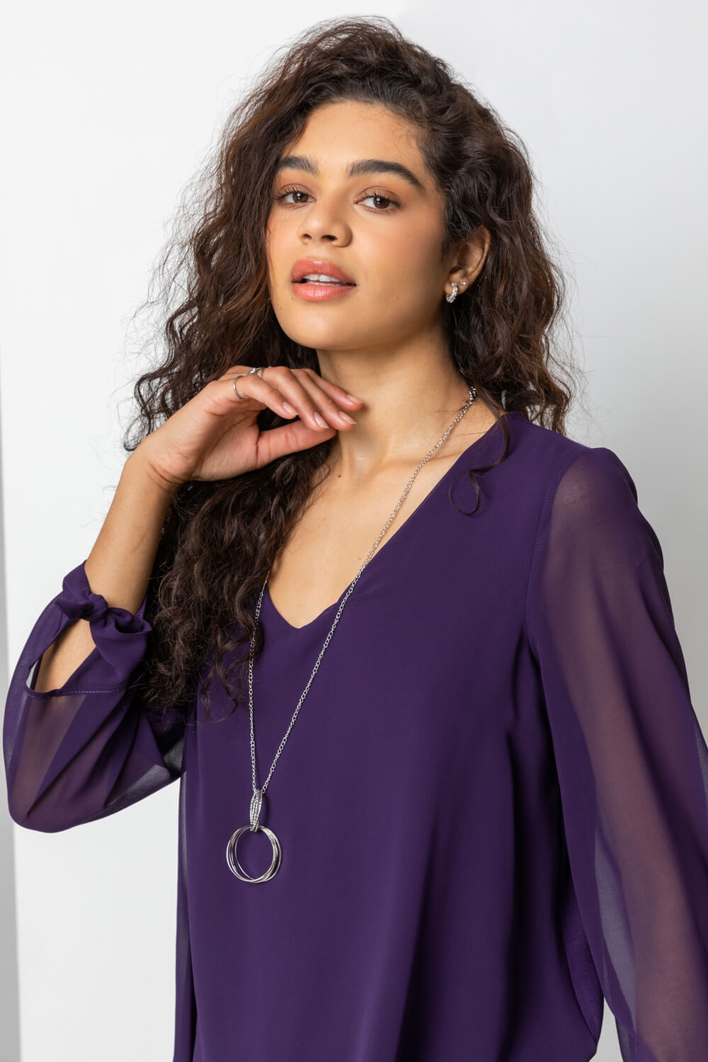Purple Necklace Trim Jersey 3/4 Sleeve Chiffon Top, Image 4 of 5