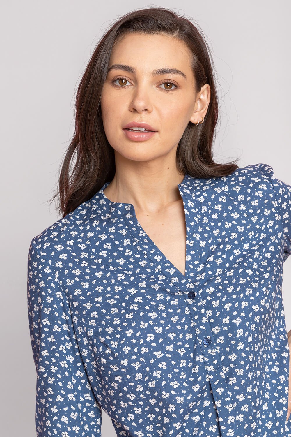 Blue Ditsy Floral Print Notch Neck Top, Image 4 of 5
