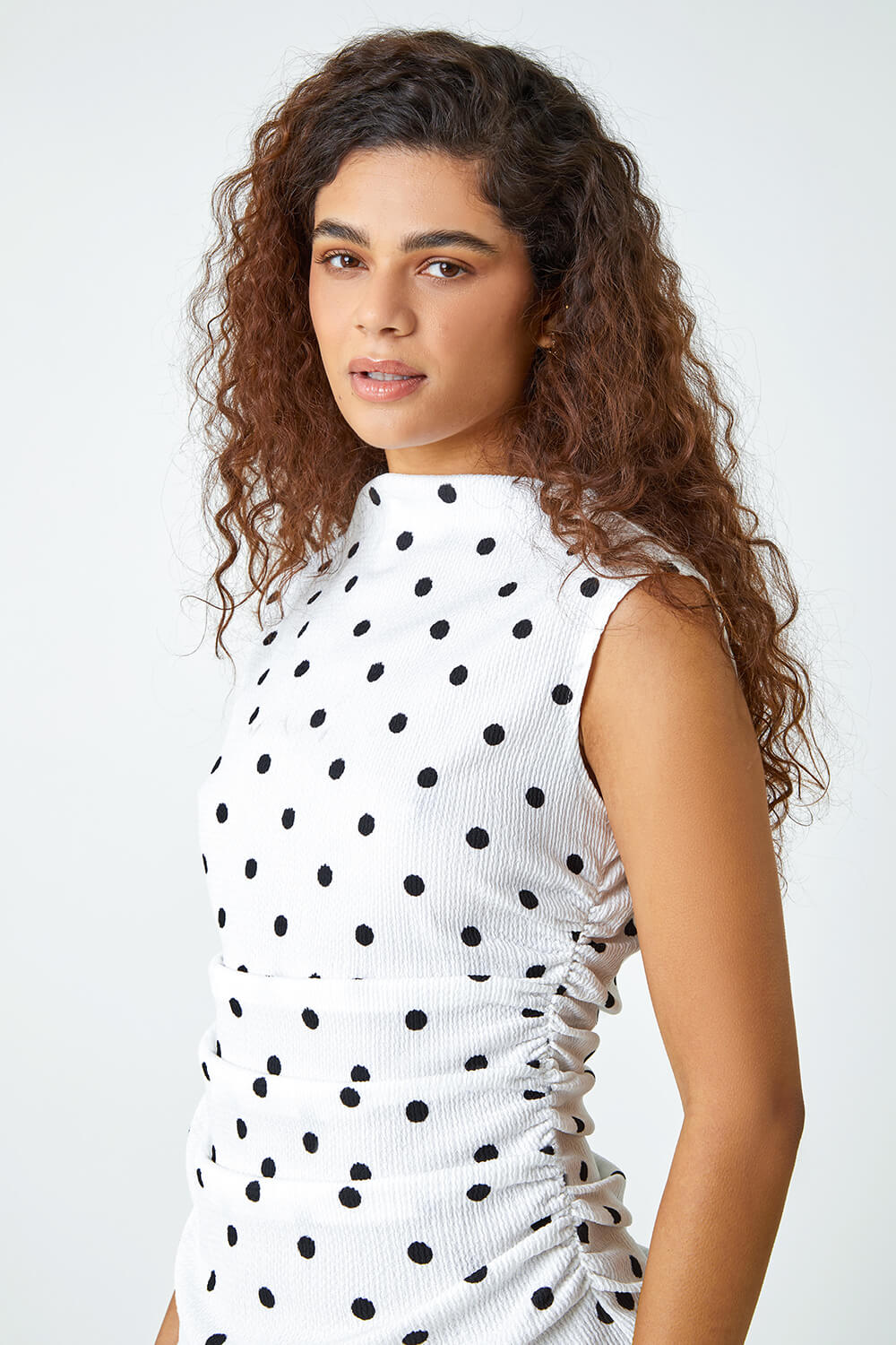 Black Polka Dot Ruched Stretch Top, Image 4 of 5
