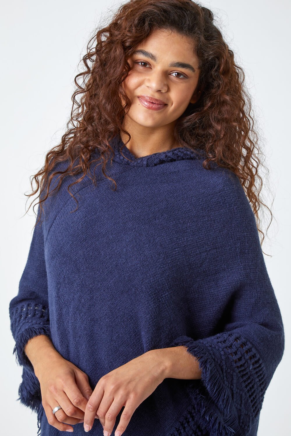 Midnight Blue One Size Hooded Fringed Knit Poncho , Image 4 of 5
