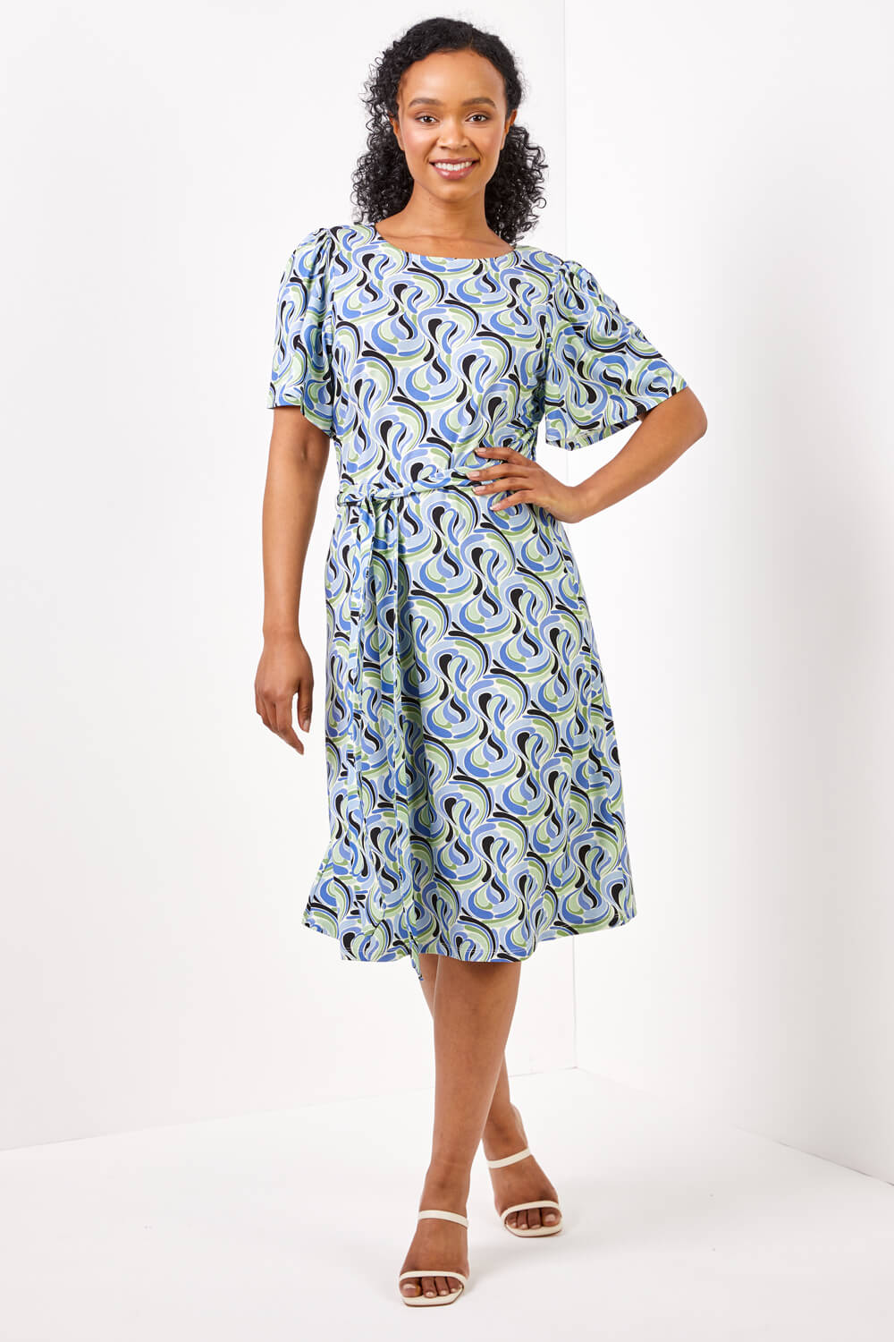 Blue Petite Abstract Print Midi Dress, Image 2 of 4