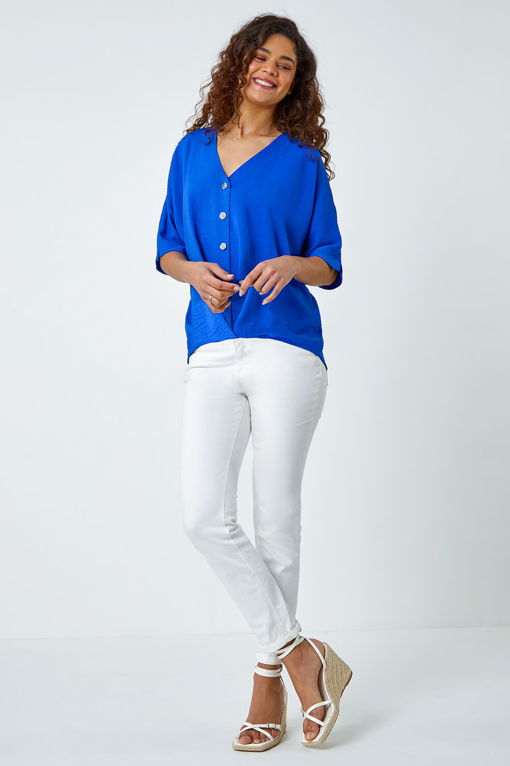 Royal Blue Button Front Twist Detail Top, Image 2 of 5