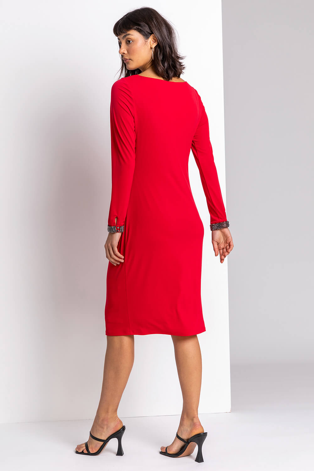 Red Sparkle Embellished Ruched Dress, Image 2 of 4