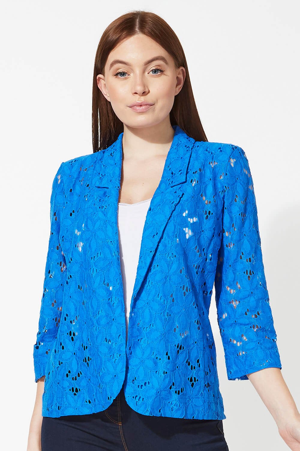 Royal Blue Floral Lace 3/4 Sleeve Jacket, Image 3 of 4