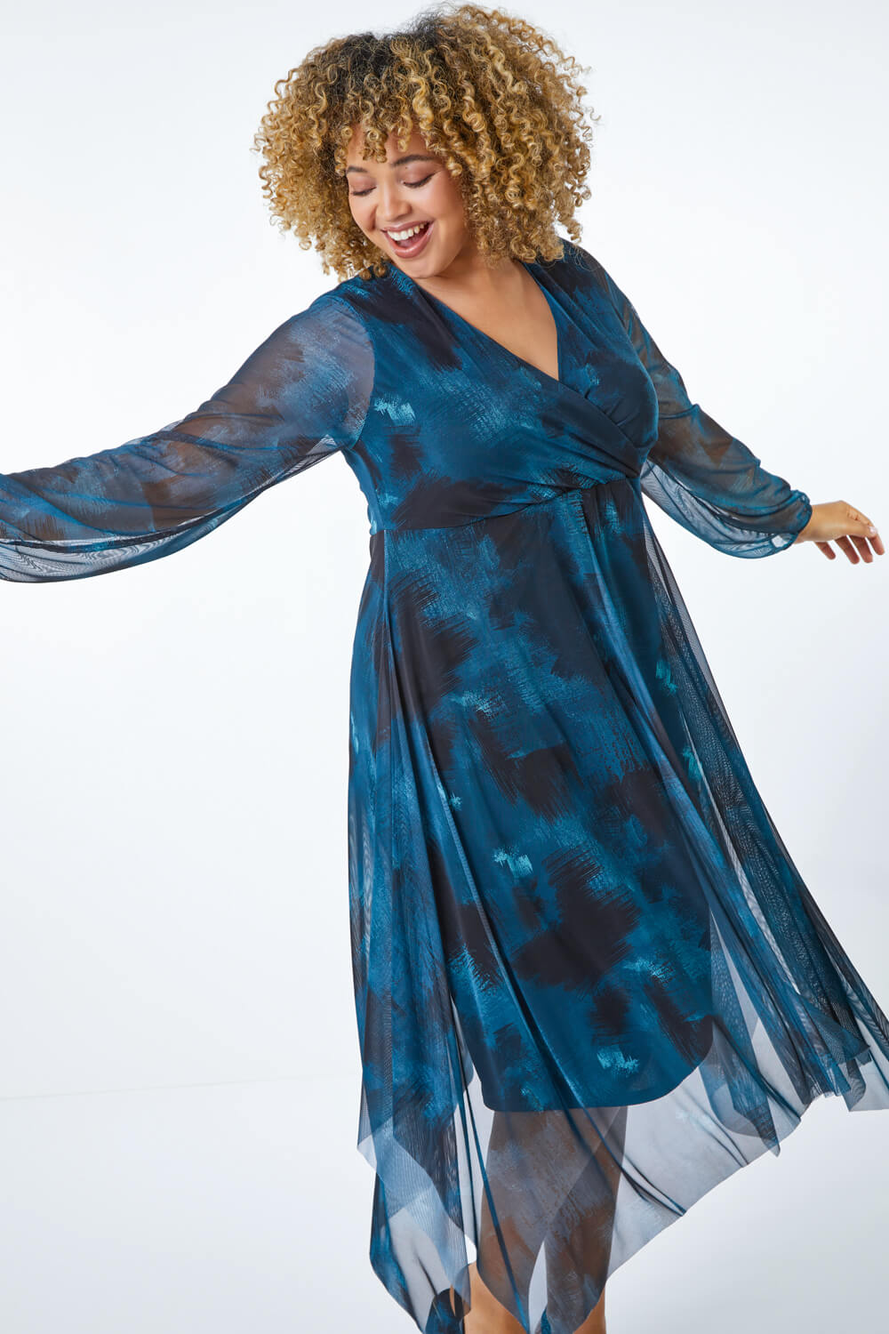 Teal Curve Abstract Print Wrap Dress, Image 2 of 5
