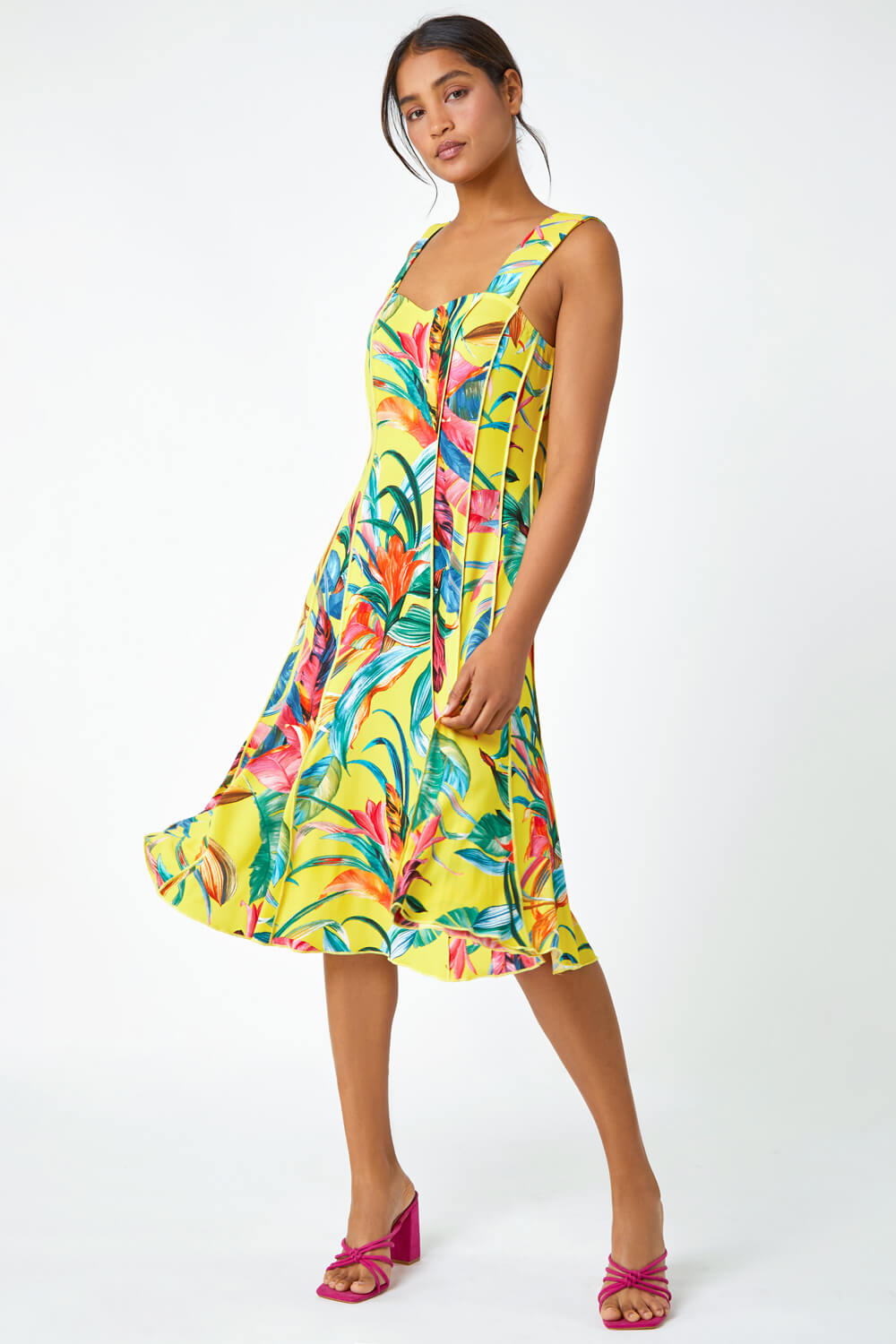 Yellow Tropical Print Stretch Panel Dress | Roman UK
