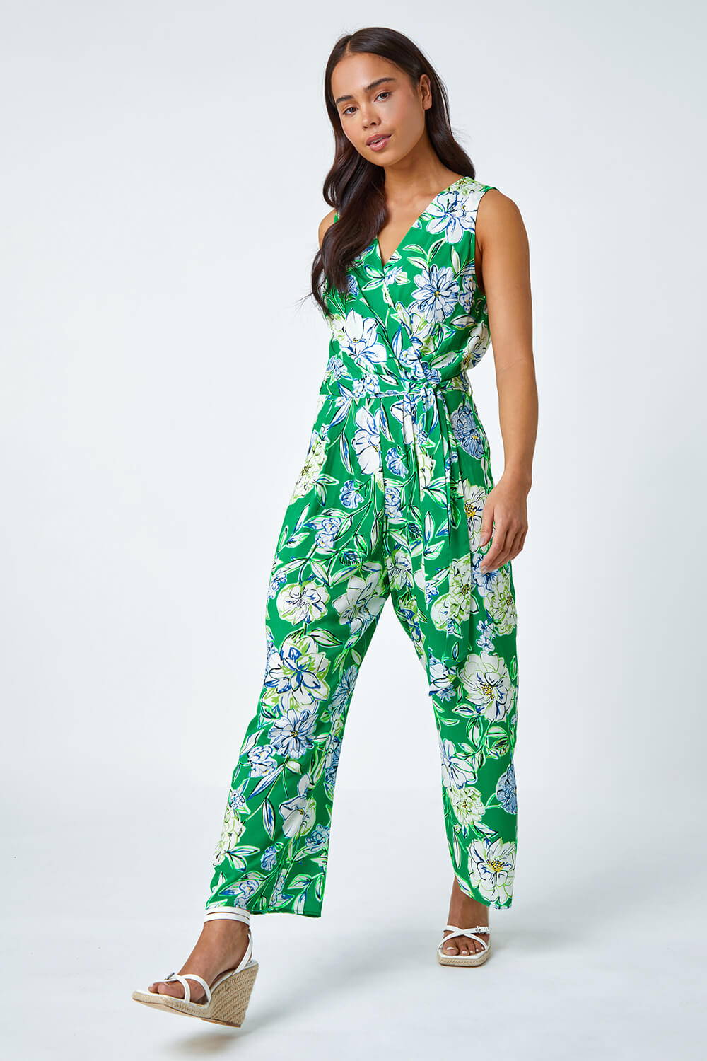 Green Petite Floral Stretch Wrap Jumpsuit, Image 2 of 5