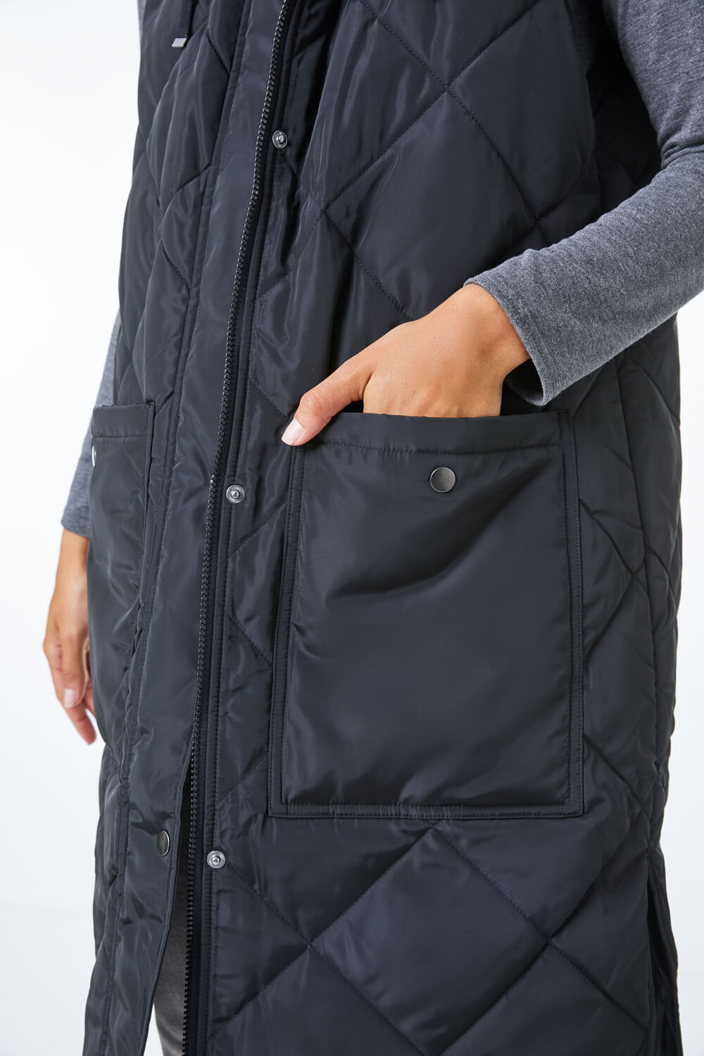 Black Quilted Longline Hooded Gilet , Image 6 of 6