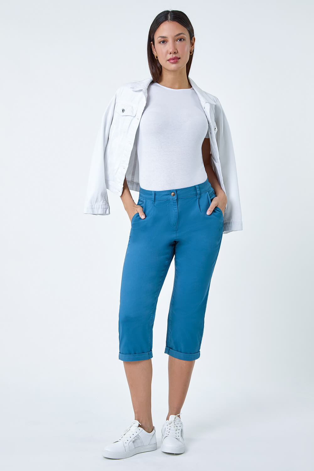 Petrol Blue Cotton Blend Cropped Chino Trousers, Image 2 of 5